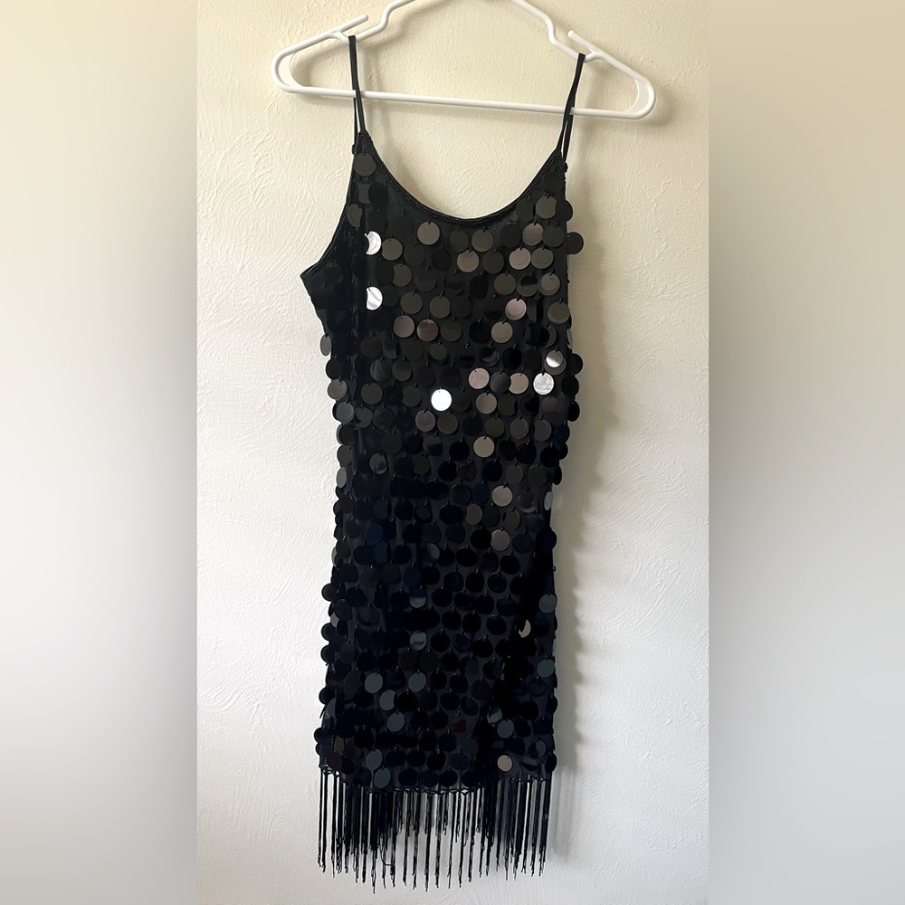 Jerry Beck Black Sequin Fringe Flapper Dress